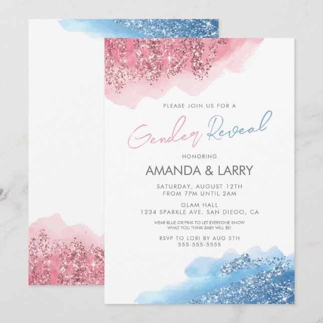 Pink and Blue Faux Glitter Gender Reveal Invitation (Front/Back)