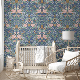 Pink and Blue Flamingo Floral Damask Wallpaper