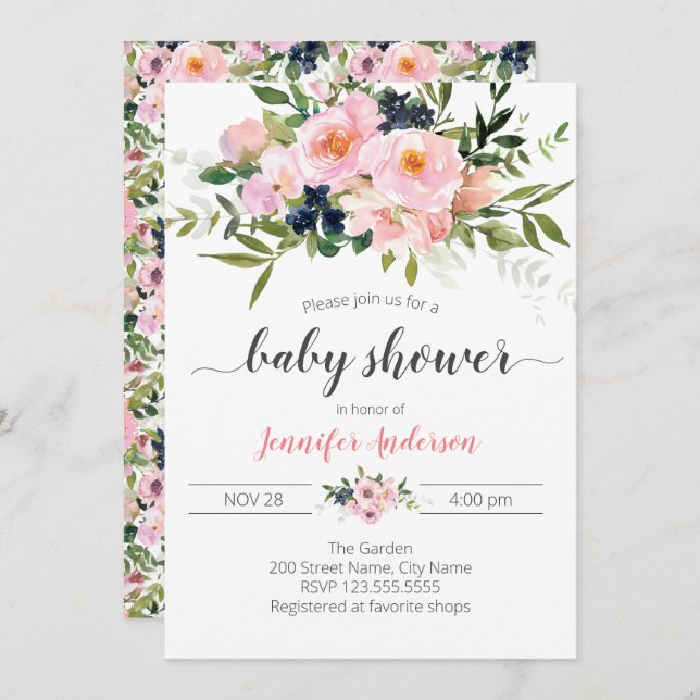 Pink and Blue Floral Baby Shower Invitation (Front/Back)