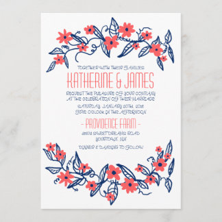 Pink and Blue Floral Banners Wedding Invitation