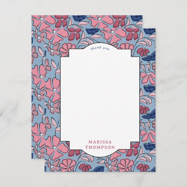 Pink and Blue Floral Block Print Boy Birthday Thank You Card (Front/Back)