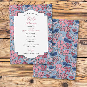 Pink and Blue Floral Block Print Girl Baby Shower Invitation