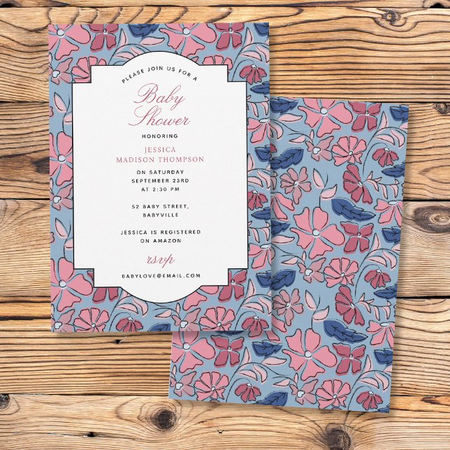 Pink and Blue Floral Block Print Girl Baby Shower Invitation (Pink and Blue Floral Block Print Girl Baby Shower Invitation)