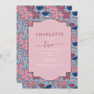 Pink and Blue Floral Block Print Girl Birthday Invitation