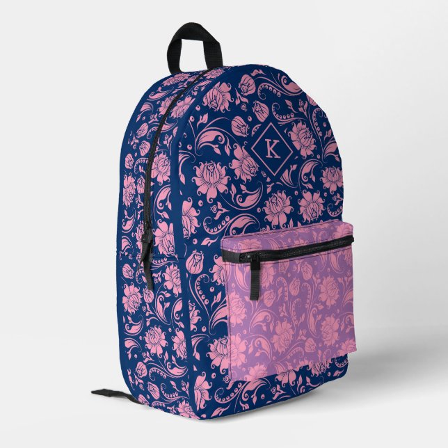 Pink and blue floral damask pattern monogram printed backpack (Back Corner Left)