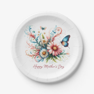 Pink and blue floral Happy Mother's Day Paper Plate