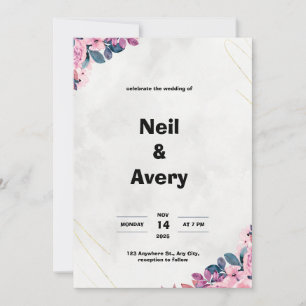 Pink and Blue Floral  Minimalist Wedding Invitatio Invitation