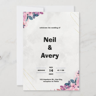 Pink and Blue Floral  Minimalist Wedding Invitatio Invitation