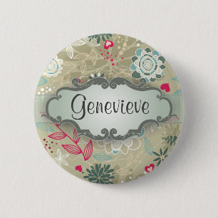 Pink and Blue Floral on Tan with Nameplate 6 Cm Round Badge