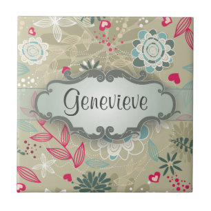 Pink and Blue Floral on Tan with Nameplate Tile