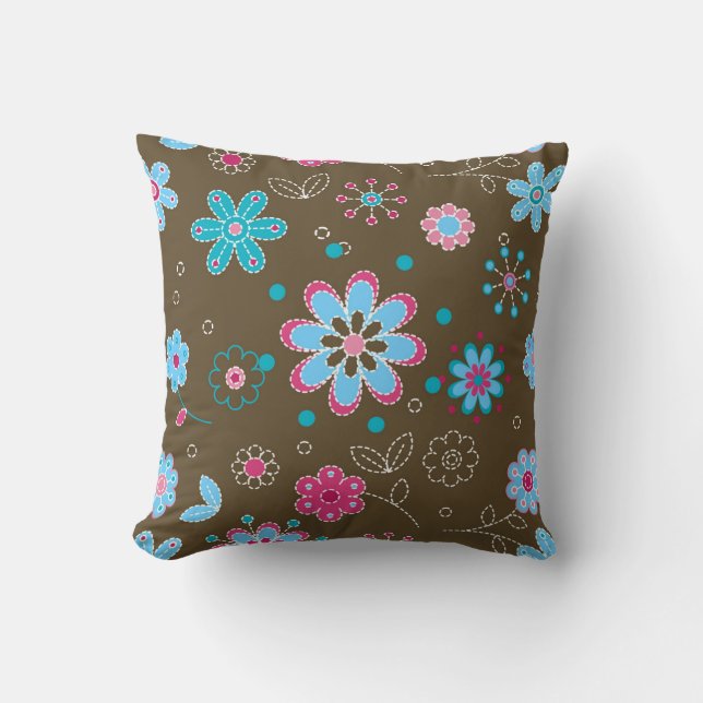 Pink and Blue Floral Pattern Brown Throw Pillow (Front)