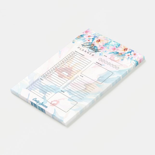 Pink and blue  floral personalised planner post-it notes (Angled)