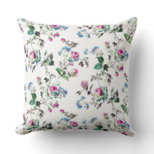Pink and Blue Floral Rose Outdoor Pillow