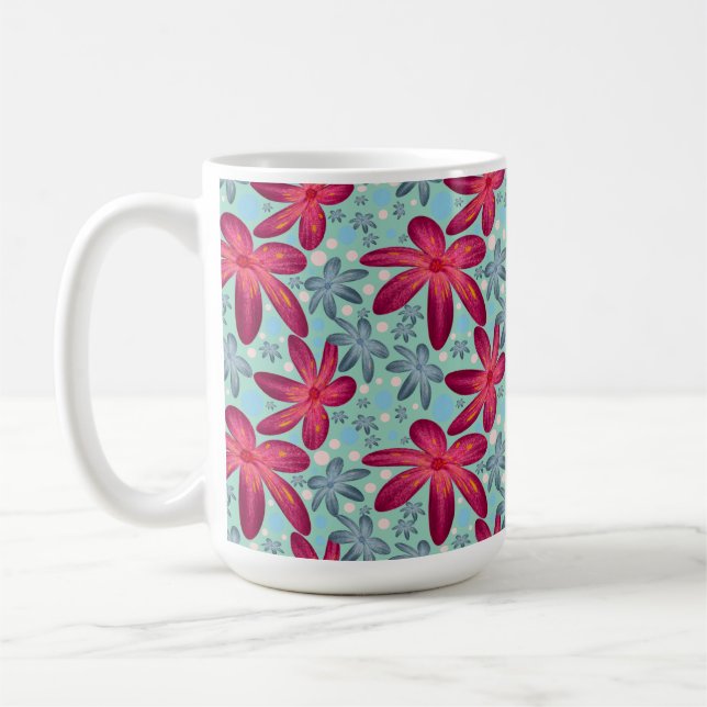 Pink and Blue Floral Seamless Pattern Coffee Mug (Left)