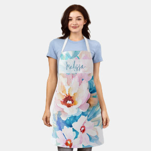 PInk and blue floral watercolor personalised Apron