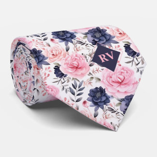 Pink and Blue Floral Watercolor Tie