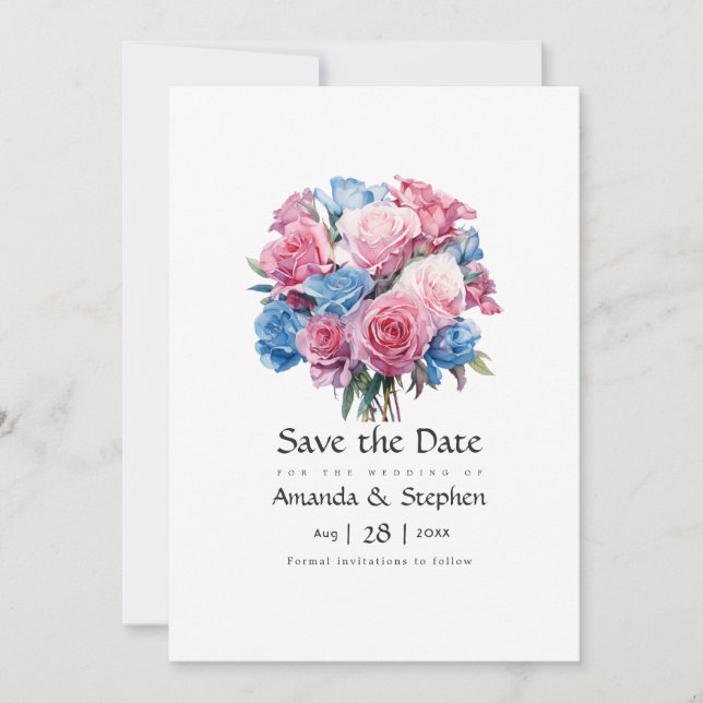 Pink and Blue Floral Wedding Floral Save The Date (Front)