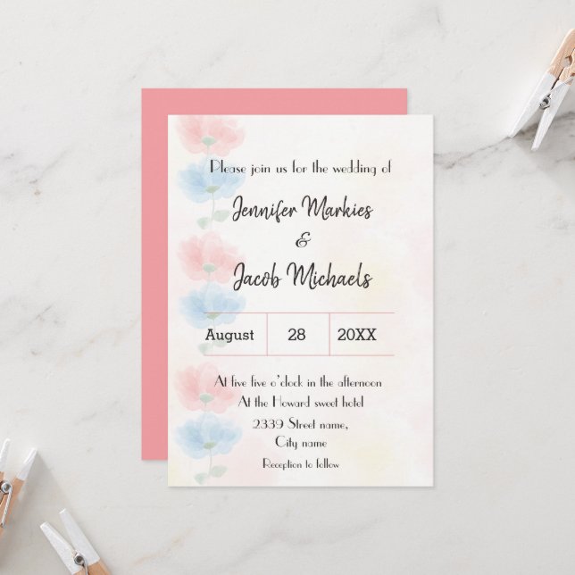 Pink and blue floral wedding invitation (Front/Back In Situ)