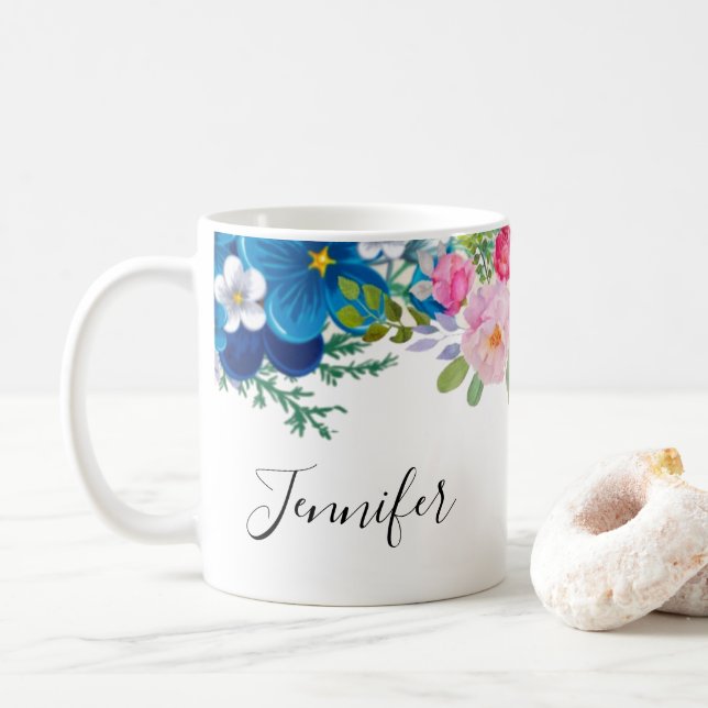 Pink and Blue Flower Fancy Summery Coffee Mug (With Donut)