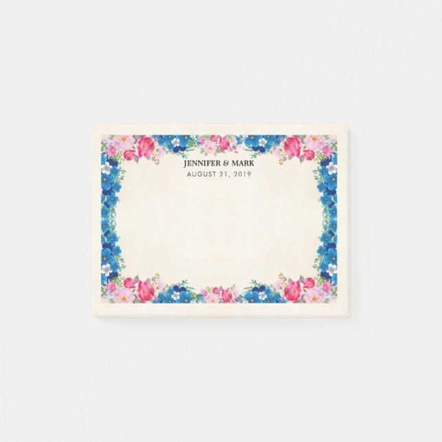 Pink and Blue Flower Frame Fancy Wedding Post-it Notes (Front)