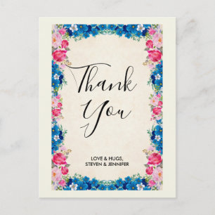 Pink and Blue Flower Frame Fancy Wedding Thank You Postcard