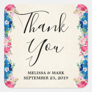 Pink and Blue Flower Frame Fancy Wedding Thank You Square Sticker