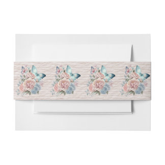 Pink and Blue Flowers and Butterfly Invitation Belly Band