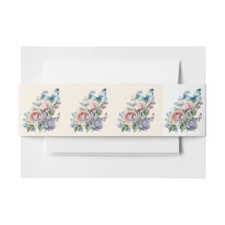 Pink and Blue Flowers and Butterfly Invitation Belly Band