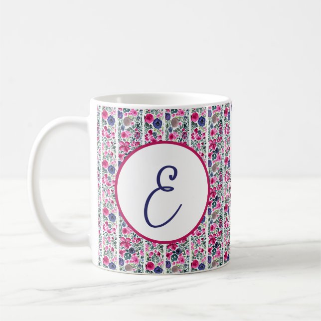  pink and blue flowers and white stripes monogram coffee mug (Left)