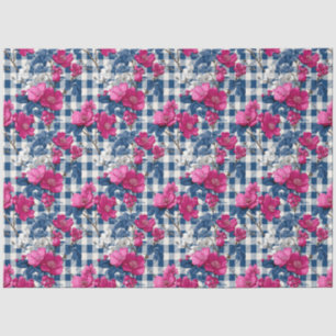 Pink and Blue Flowers Black Gingham Decoupage Tissue Paper
