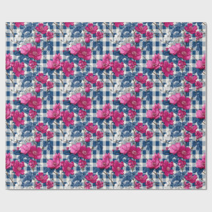 Pink and Blue Flowers Black Gingham Decoupage Wrapping Paper