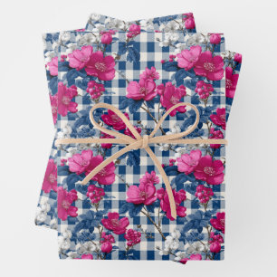 Pink and Blue Flowers Black Gingham Decoupage Wrapping Paper Sheet