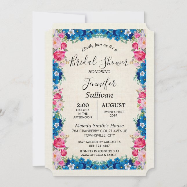 Pink and Blue Flowers Fancy Elegant Bridal Shower Invitation (Front)