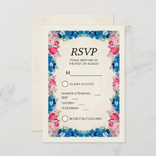 Pink and Blue Flowers Fancy Elegant RSVP Invitation
