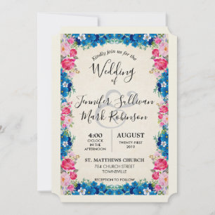 Pink and Blue Flowers Fancy Elegant Wedding Invitation