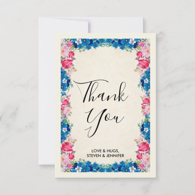 Pink and Blue Flowers Fancy Frame Wedding Thank You Card (Front)