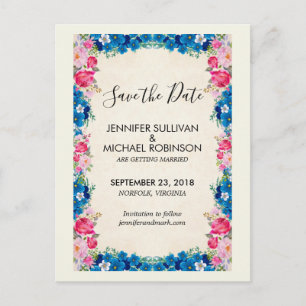 Pink and Blue Flowers Fancy Wedding Save the Date Postcard