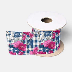 Pink and Blue Flowers Gingham Pattern Satin Ribbon