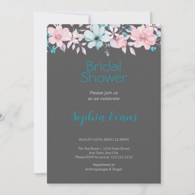 Pink and Blue Flowers Grey Bridal Shower Invitation (Front)
