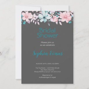 Pink and Blue Flowers Grey Bridal Shower Invitation