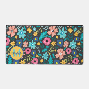 Pink and Blue Flowers on Black Monogram Desk Mat