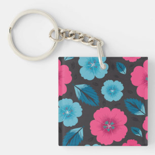 Pink and Blue Flowers on Dark Background Key Ring