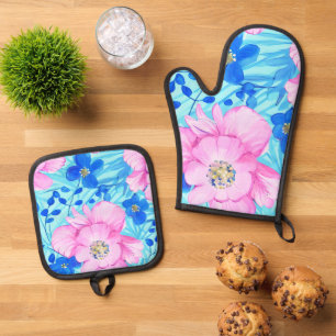 Pink and Blue Flowers  Oven Mitt & Pot Holder Set