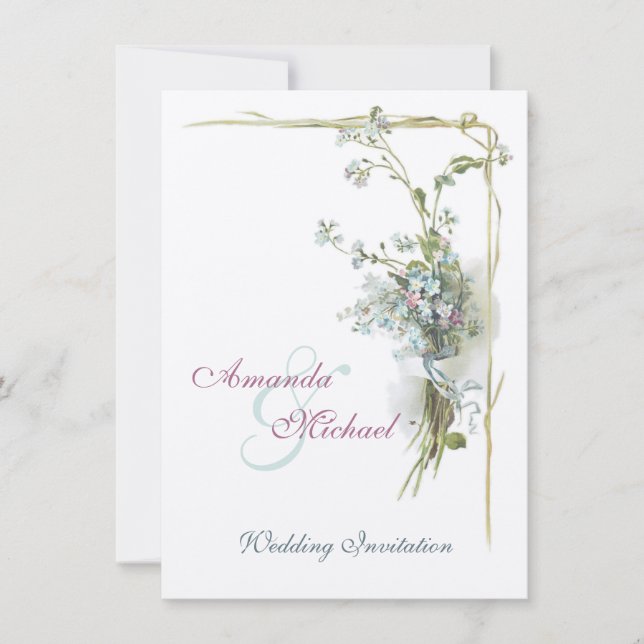 Pink and blue forget-me-nots wedding invitation (Front)