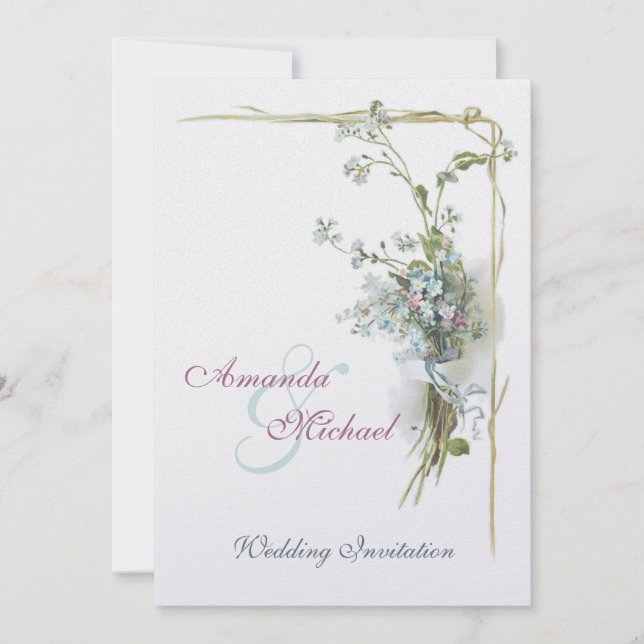 Pink and blue forget-me-nots wedding invitation (Front)