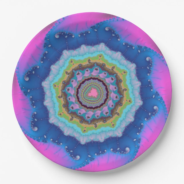 Pink and Blue Fractal Birthday Paper Plate (Front)