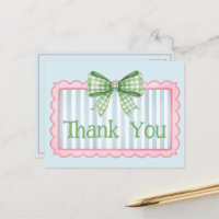 Pink and Blue Frame Green Gingham Bow Thank You