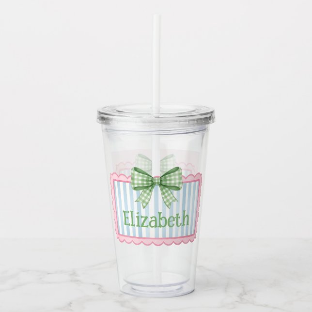 Pink and Blue Frame With Green Gingham Bow Acrylic Tumbler (Front)