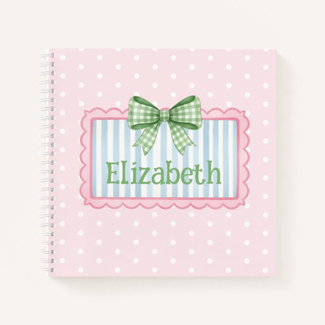 Pink and Blue Frame With Green Gingham Bow Notebook (Front)