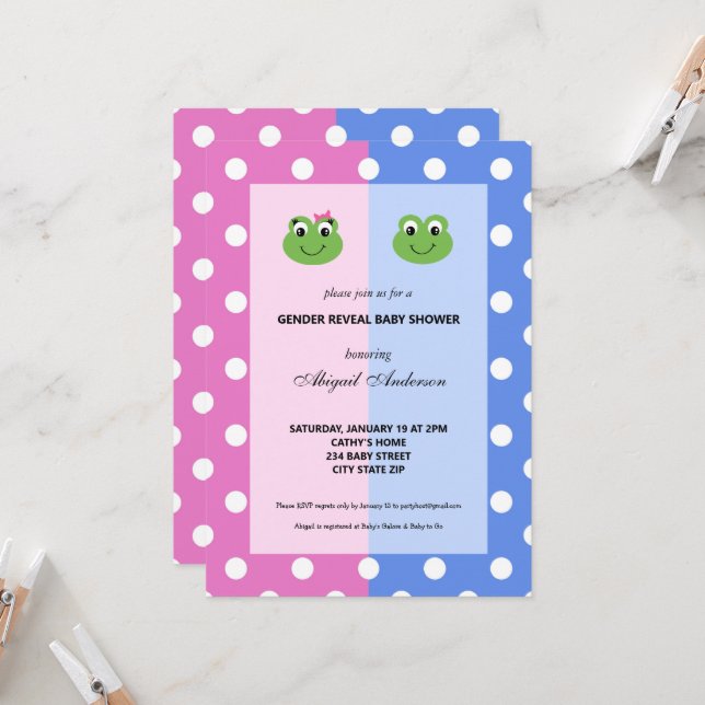 Pink and Blue Frog Gender Reveal Baby Shower Invitation (Front/Back In Situ)